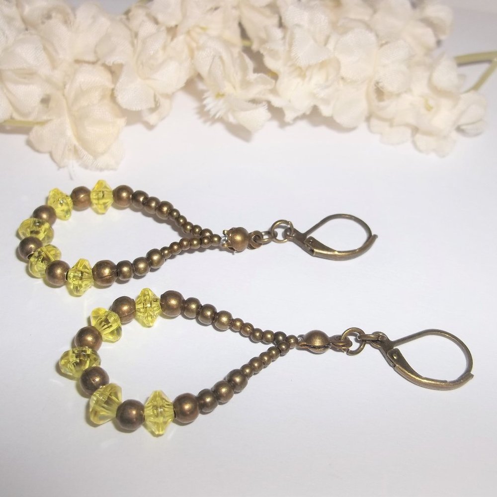 Boho Hoop Earrings Brown Bronze and Yellow Beaded Dangle Teardrop Accessory 7036 - Picture 4 of 8